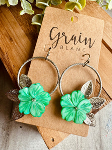 Boucles disques fleurs (vert/argenté)