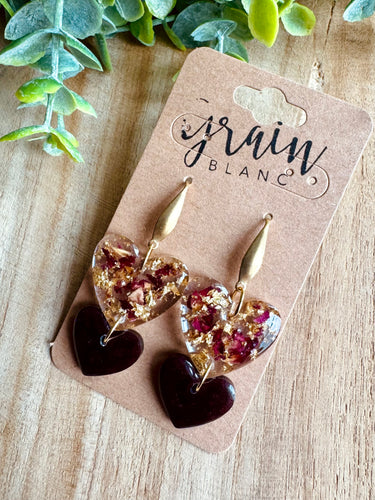 Boucles résine (fleurs séchées Bordeaux et doré)🤍