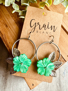 Boucles disques fleurs (vert/argenté)