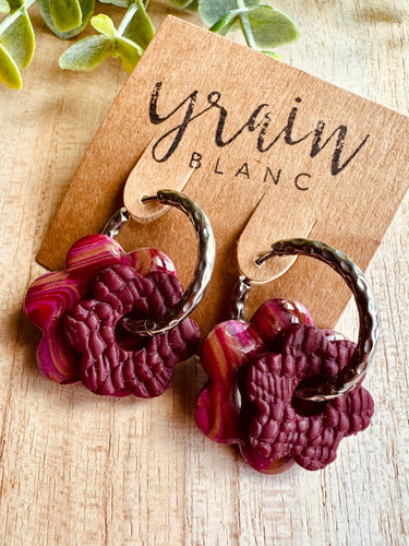 Créoles avec fleurs 🌸 (Bordeaux argenté)