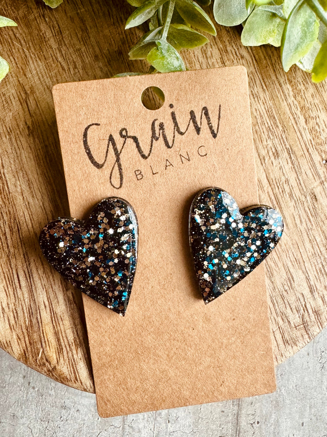 Boucles coeur en résine (paillettes bleues dorées)