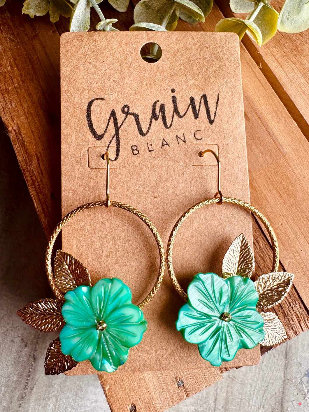 Boucles disques fleurs (vert/doré)