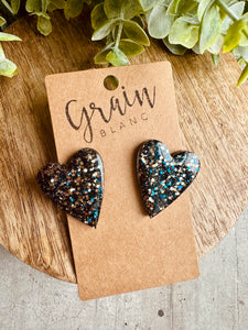 Boucles coeur en résine (paillettes bleues dorées)